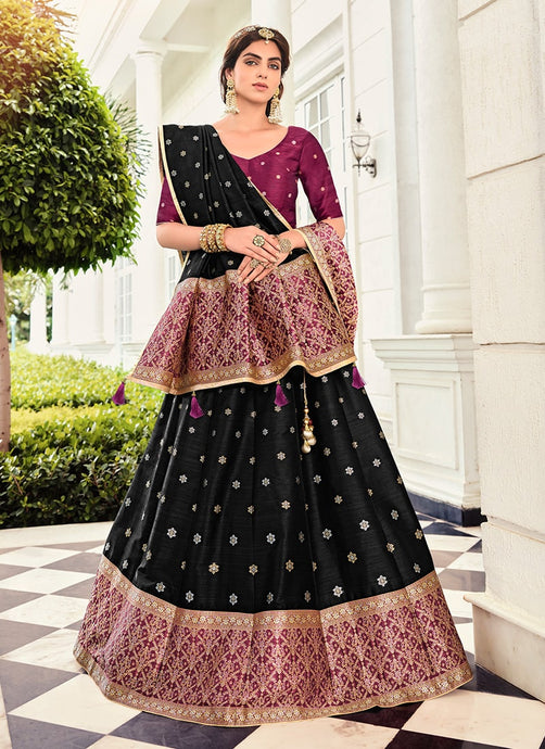 Black Color Silk Base Banarasi Lehenga Choli With Contrast Dupatta