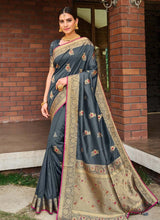 Load image into Gallery viewer, floral patterned silk weave base fossil grey colored partywear saree
