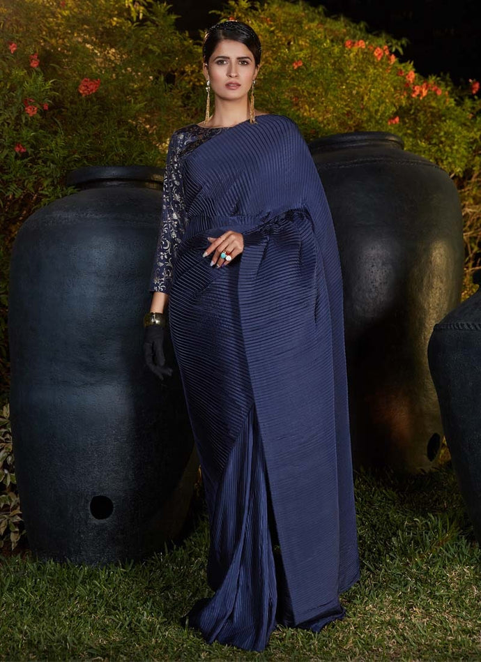navy blue colored partywear Plitting Work saree with printed blouse