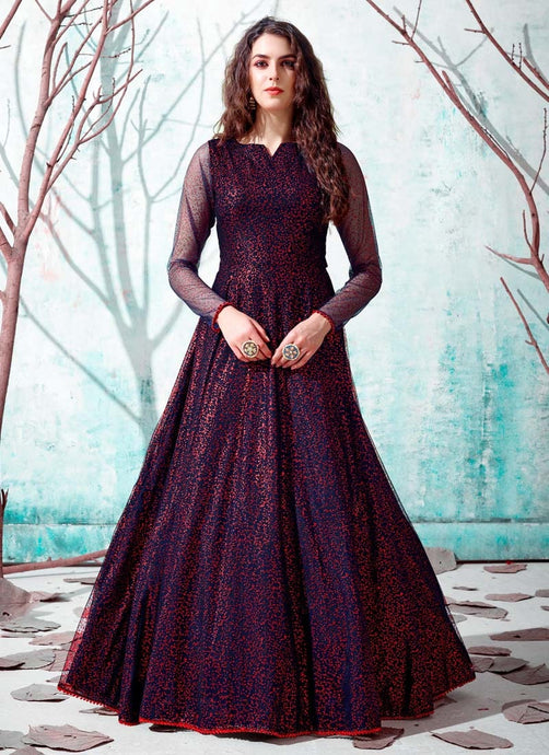 buy nicety navy blue colored soft net base partywear designer gown