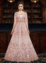Load image into Gallery viewer, coolest pastel pink colored stone work embroidered jacket style lehenga

