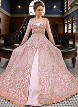 Load image into Gallery viewer, shop coolest pastel pink colored stone work embroidered jacket style lehenga
