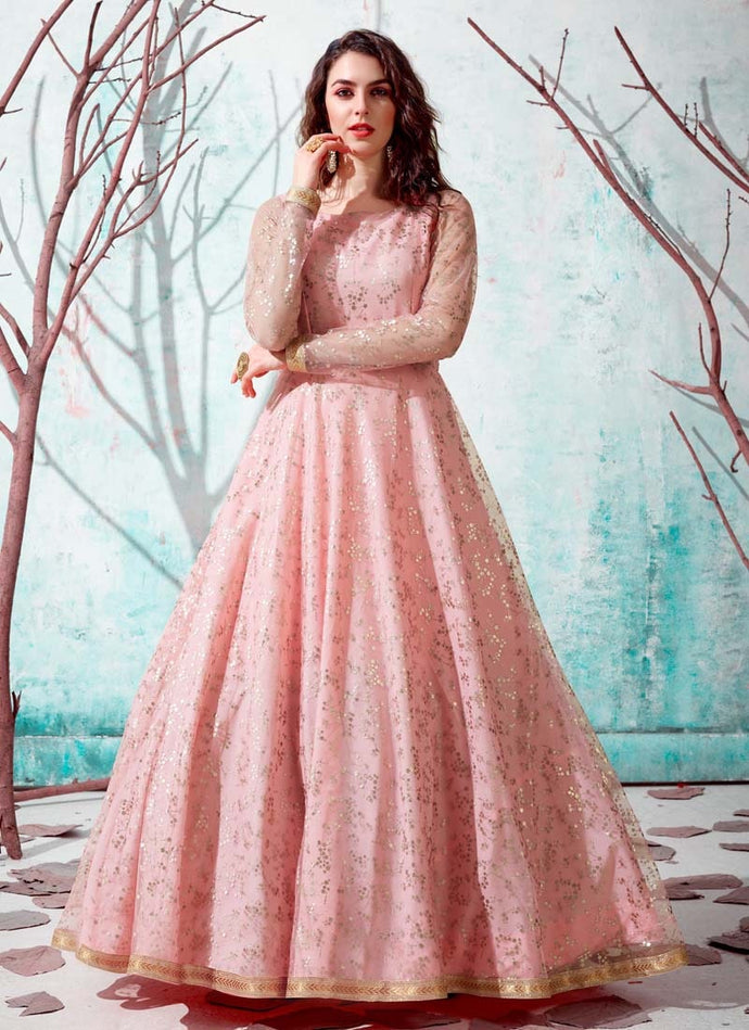 perfect pink colored soft net base partywear designer gown