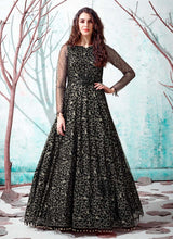 Load image into Gallery viewer, buy breathtaking black colored soft net base partywear designer gown
