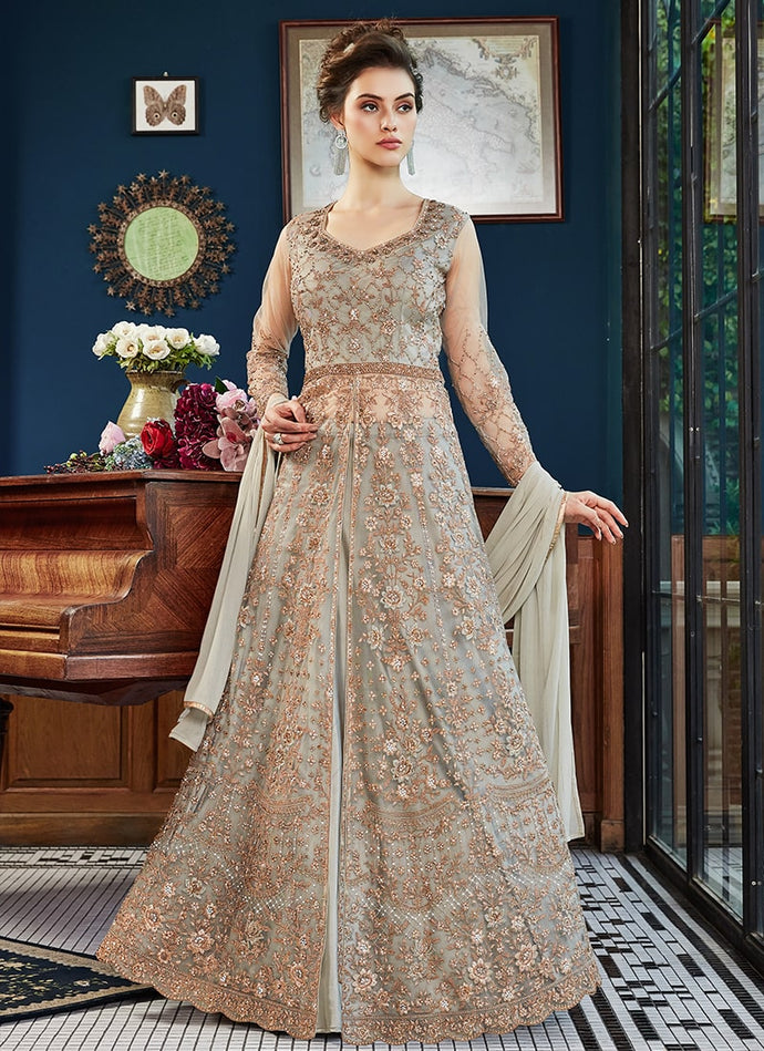 gorgeous grey colored stone work embroidered lehenga style suit