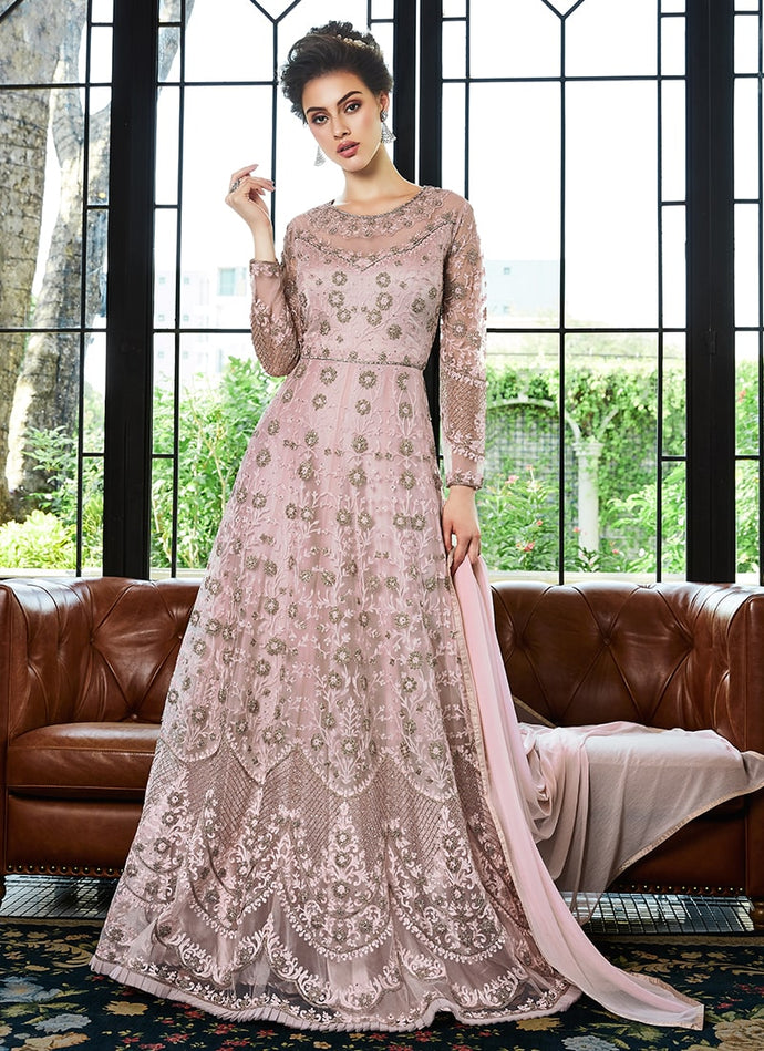 amazing baby pink colored heavy Zari worked designer gown