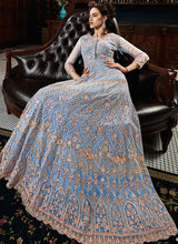 Load image into Gallery viewer, shop marvelous aqua blue colored heavy embroidery work designer gown
