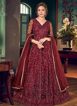 Load image into Gallery viewer, wine red mind blowing wedding wear heavy work embroidered anarkali suit
