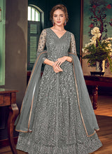 Load image into Gallery viewer, grey mind blowing wedding wear heavy work embroidered anarkali suit
