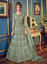 Load image into Gallery viewer, green eye catching designer heavy work soft net base slit cut suit
