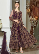Load image into Gallery viewer, buy enticing wine red colored soft net base partywear Zari worked slit cut suit
