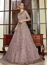 Load image into Gallery viewer, buy glamorous grey colored soft net base Zari worked partywear slit cut suit
