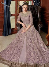 Load image into Gallery viewer, online glamorous grey colored soft net base Zari worked partywear slit cut suit
