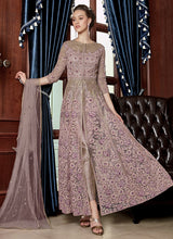 Load image into Gallery viewer, glamorous grey colored soft net base Zari worked partywear slit cut suit
