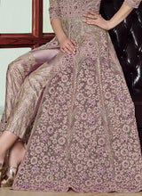 Load image into Gallery viewer, grab glamorous grey colored soft net base Zari worked partywear slit cut suit
