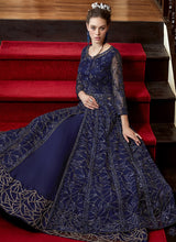 Load image into Gallery viewer, shop blissful blue colored weddingwear soft net base designer slit cut suit
