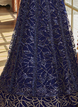 Load image into Gallery viewer, online blissful blue colored weddingwear soft net base designer slit cut suit
