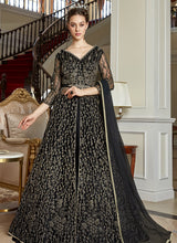 Load image into Gallery viewer, attractive black colored soft net base Zari worked partywear slit cut suit
