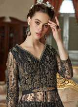 Load image into Gallery viewer, buy attractive black colored soft net base Zari worked partywear slit cut suit

