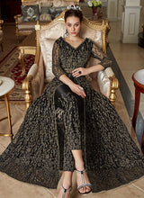 Load image into Gallery viewer, online attractive black colored soft net base Zari worked partywear slit cut suit
