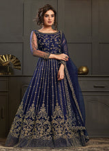 Load image into Gallery viewer, admirable navy blue colored heavy work embroidered gown
