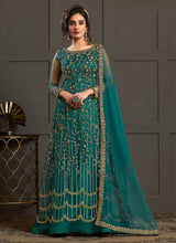 Load image into Gallery viewer, beautiful bottle green colored soft net base embroidered gown
