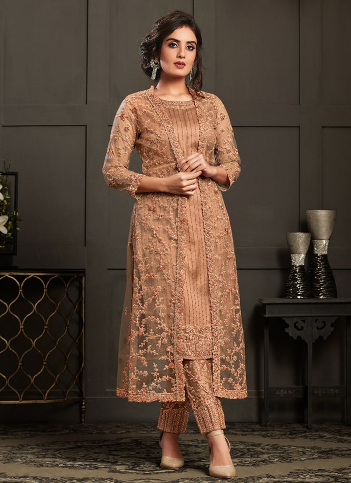 trendy beige colored embroidered pant style salwar kameez