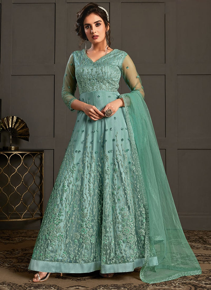 attractive sea green colored heavy work embroidered gown