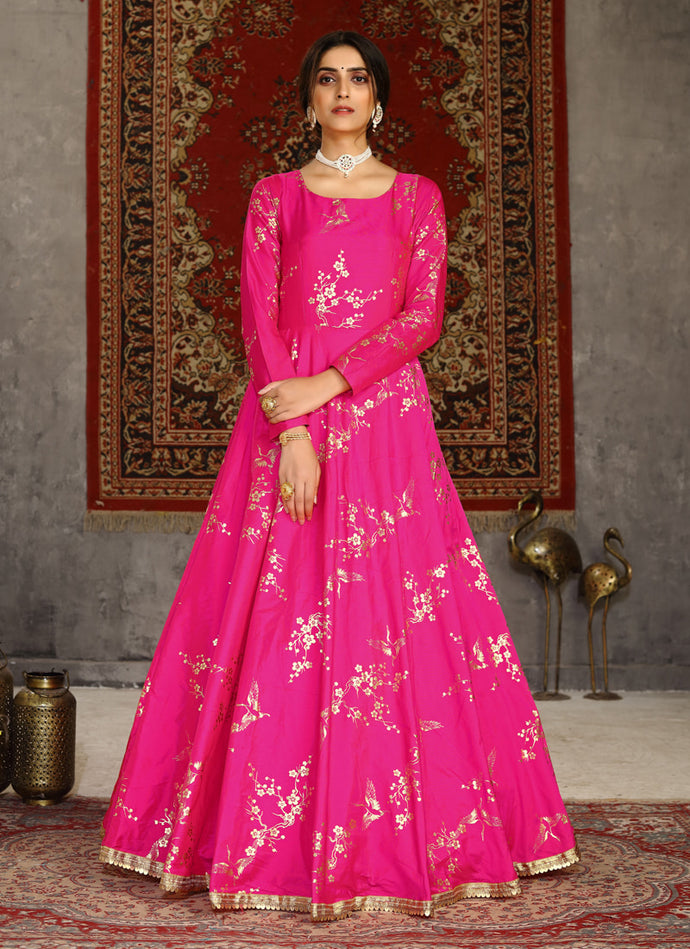 Aesthetic Deep Pink color Taffeta Silk base Fancy work Designer Gown