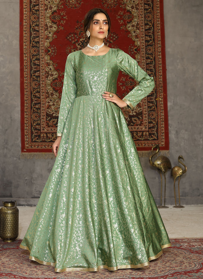 Astonishing Pista Green color Taffeta silk base full sleeves Fancy Gown