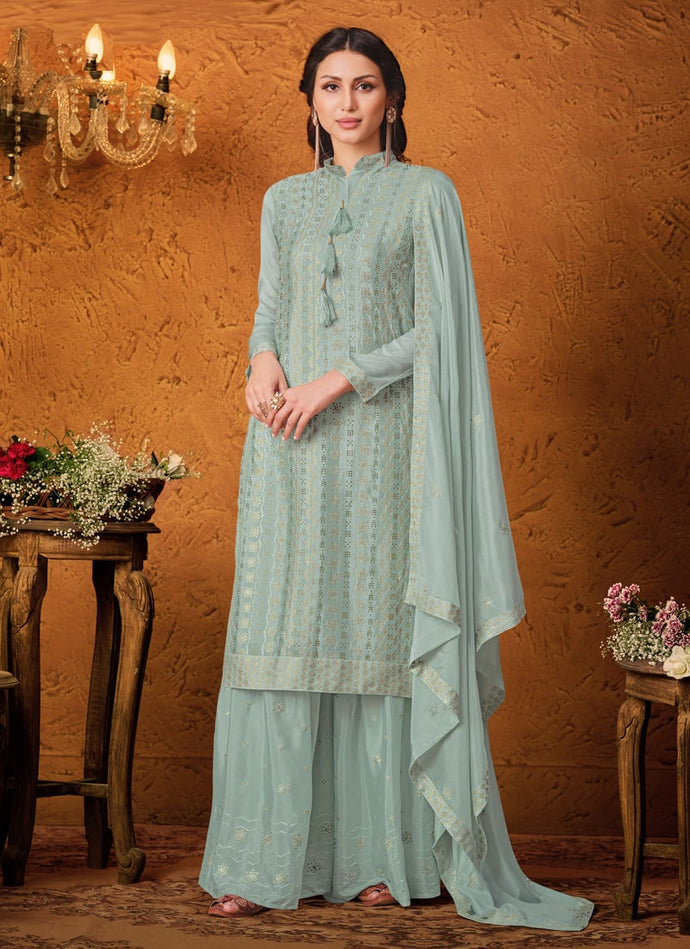 Pale Turquoise color Art Silk base Stone work Sharara Suit with dupatta