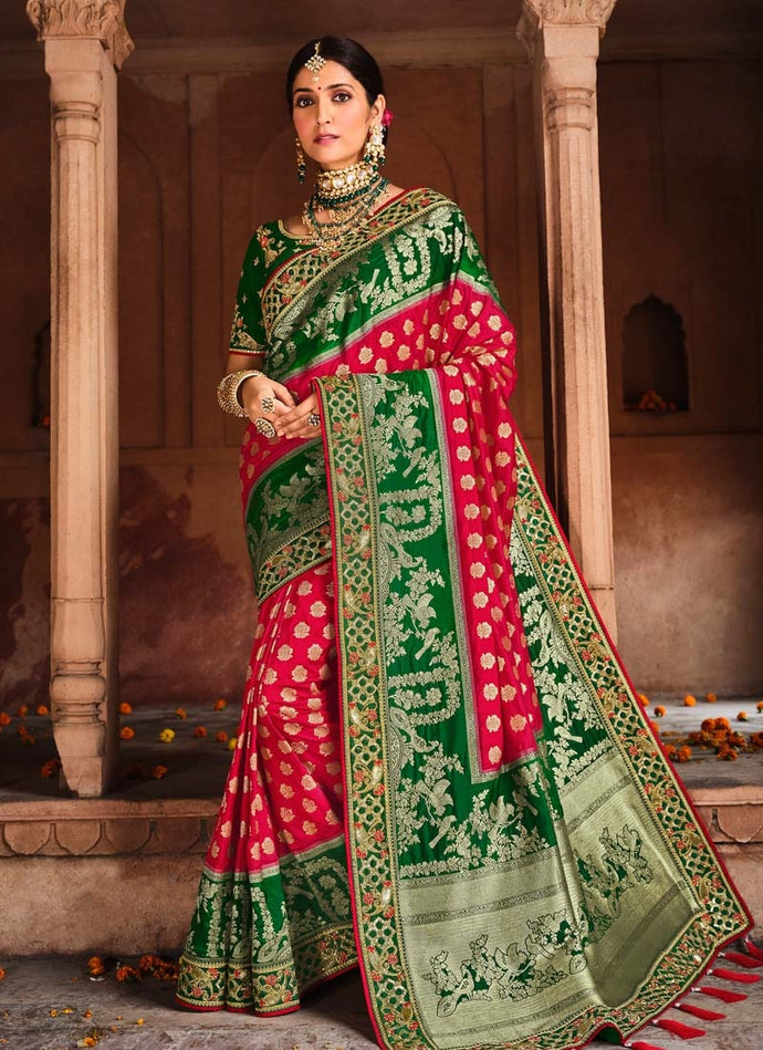 Attractive multicolor Green and Pink color Silk base Silk weave Saree