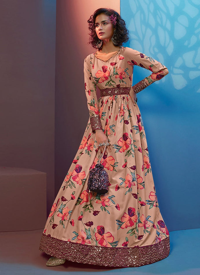 Peach Color Digital Print Floral Gown With Fancy Sequins Belt