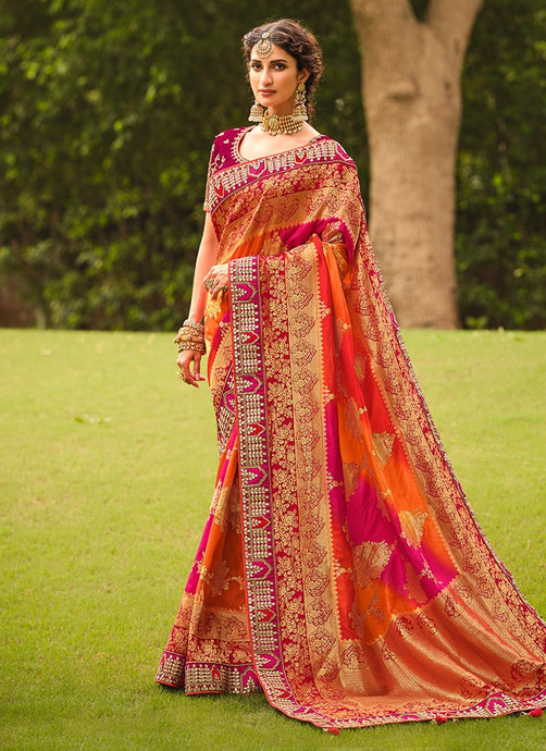 Orange Color Silk Base Silk Weave Work Embroidered Saree