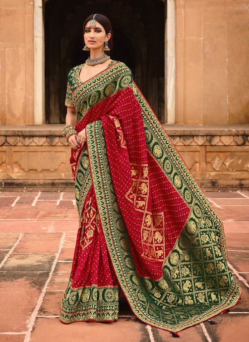 Red And Green Color Silk Base Silk Weave And Zari Work Saree