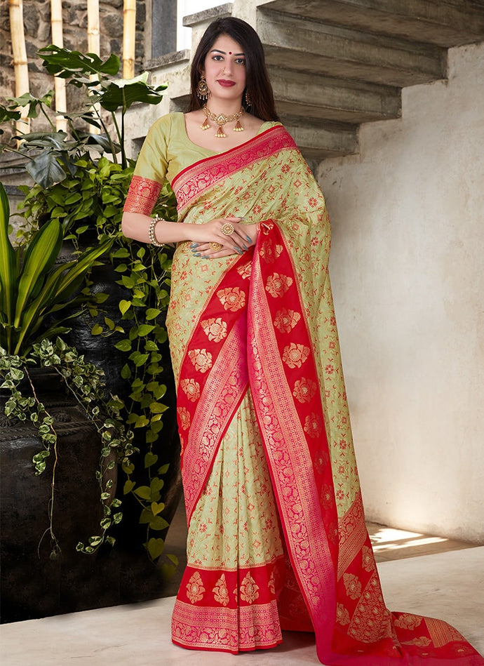 Light Green Color Silk Material Silk Weave Embroidered Saree
