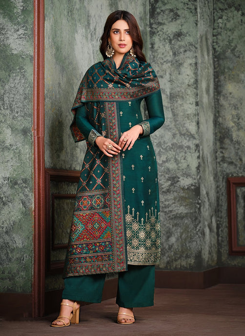 Jacquard Silk Fabric Teal Color Pant Style Suit With Swarovski Work