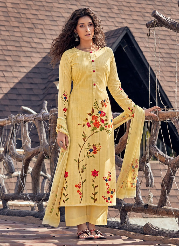 Adorable Yellow color Cotton base Mirror work Pant style suit