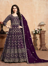 Load image into Gallery viewer, purple stunning Georgette base Zari work partywear gown
