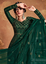 Load image into Gallery viewer, buy bountiful bottle green colored heavy work embroidered gown
