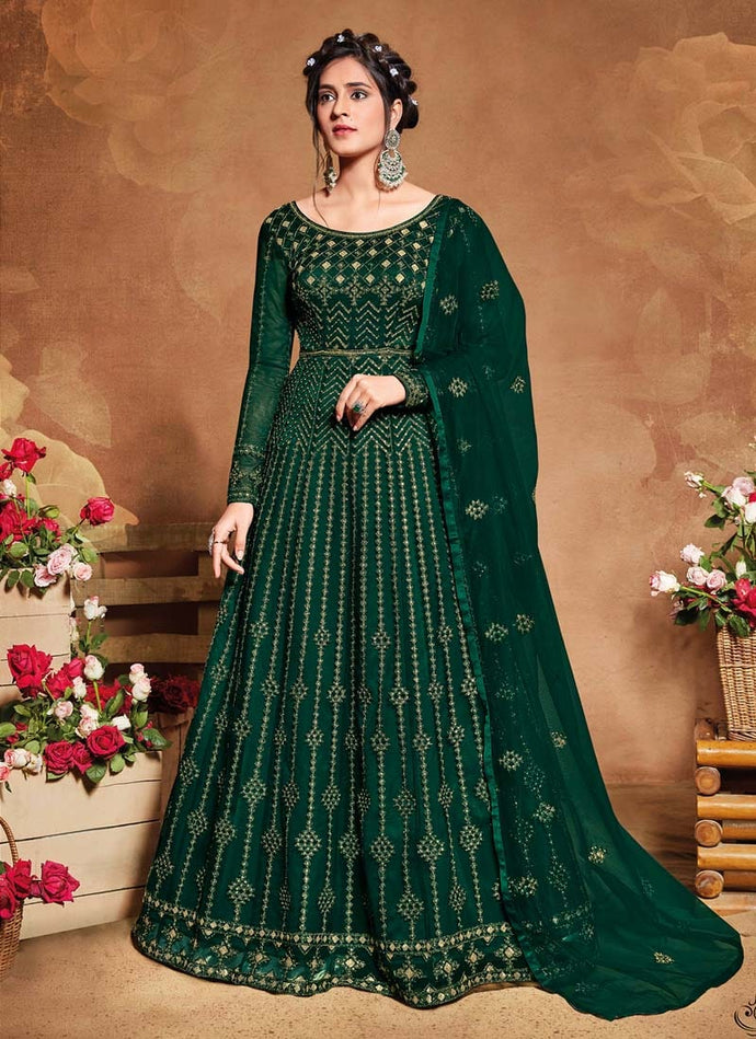 bountiful bottle green colored heavy work embroidered gown