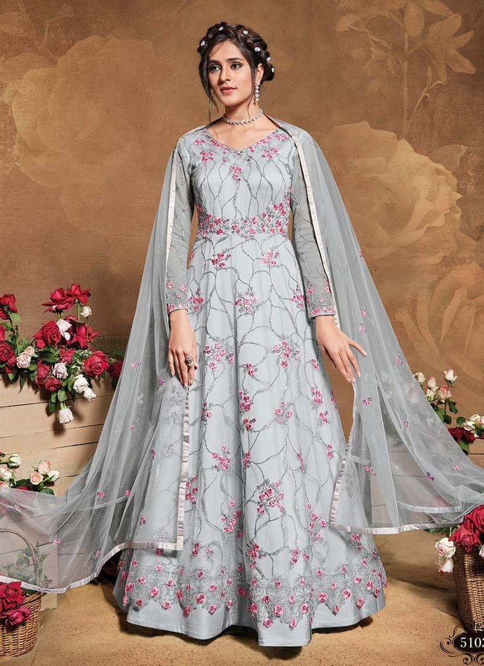 beloved sky blue colored heavy work embroidered gown