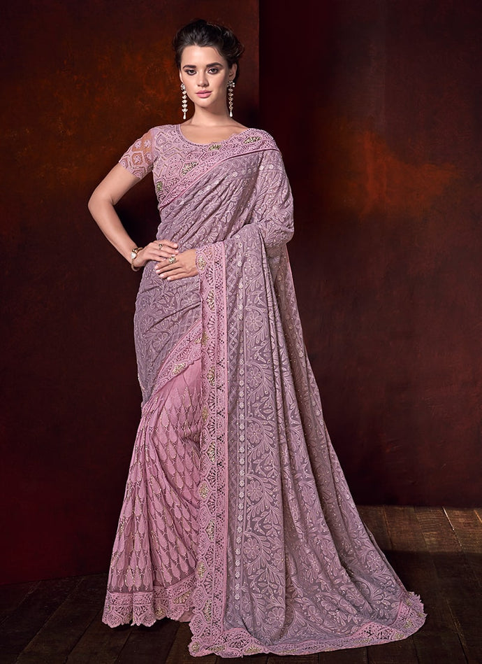 outstanding mauve pink colored georgette designer saree