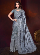 Load image into Gallery viewer, gorgeous grey colored silk base partywear saree
