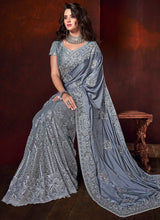Load image into Gallery viewer, Buy gorgeous grey colored silk base partywear saree
