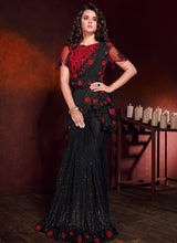 Load image into Gallery viewer, admirable black partywear georgette silk base beads work saree
