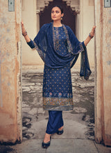 Load image into Gallery viewer, Navy Blue Color Silk Material Pant Style Salwar Kameez
