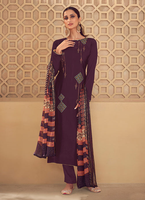 Boat Neckline Wine Color Pant Style Straight Suit With Printed Dupatta