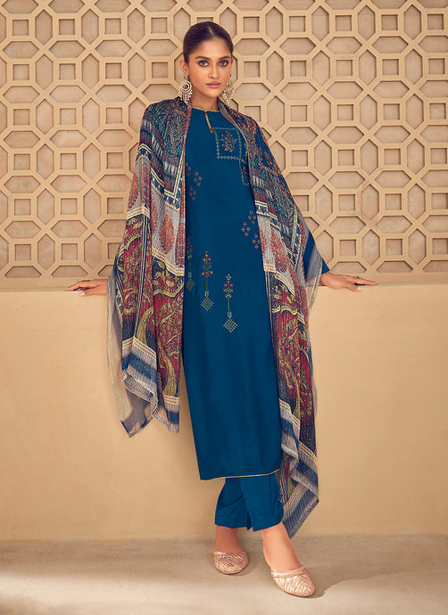 Round Neckline Blue Color Pant Style Straight Suit With Printed Dupatta