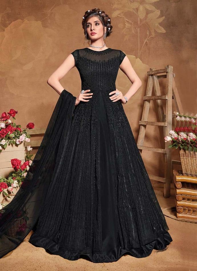 beloved black colored heavy work embroidered gown
